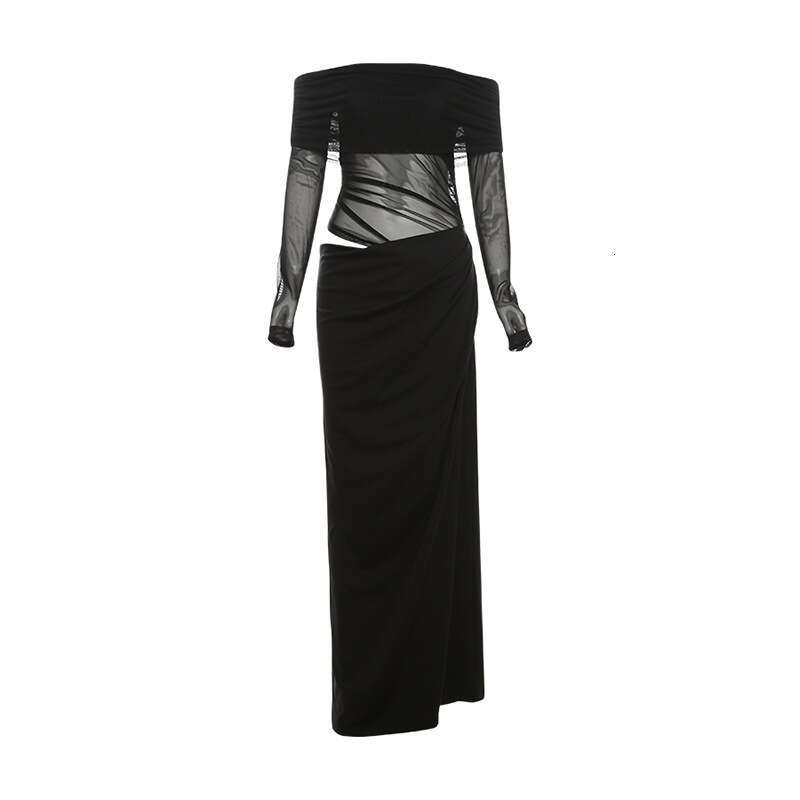 Spring New Women's Fashion Elegant Sexy Off-Shoulder Mesh Sheer Long Dress B5