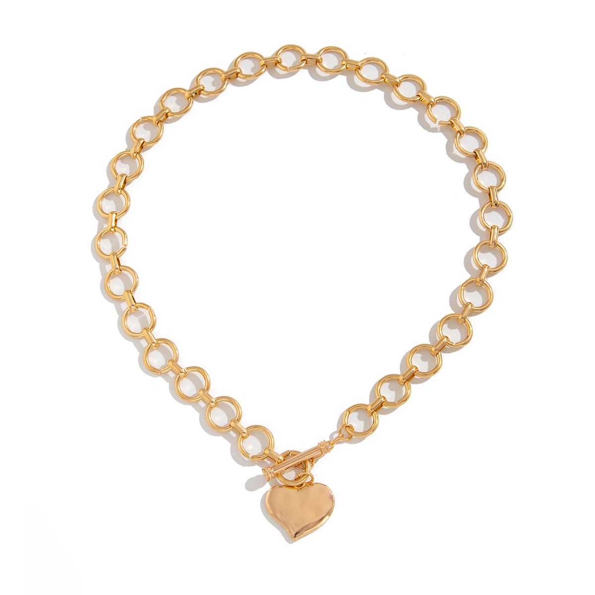Lacteo Vintage Gold Color Circular Iron Chain Necklace For Women Daily Versatile Chunky Thick Heart Shaped OT Buckle Pendant New XJ250528