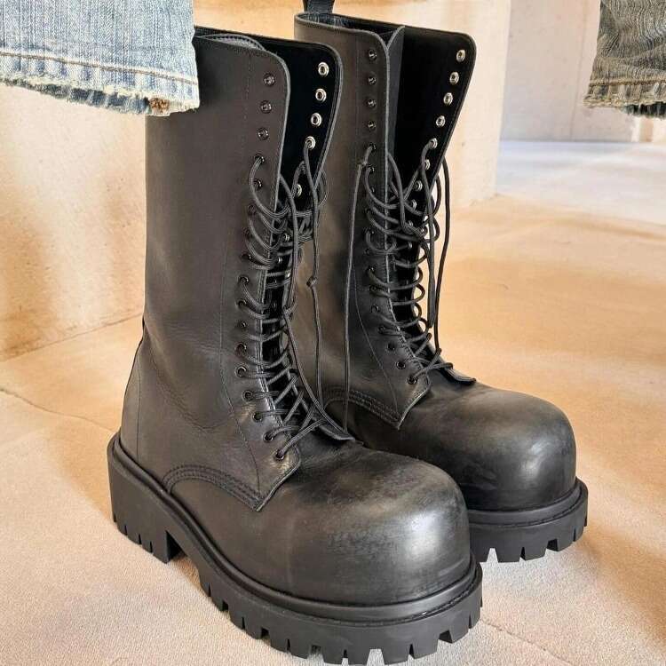 Genuine Leather Super Cool Chunky Martin for Women Round Toe Elevated Mid-Calf Unisex Heel Height Increasing Thick Sole Lace-Up Boots