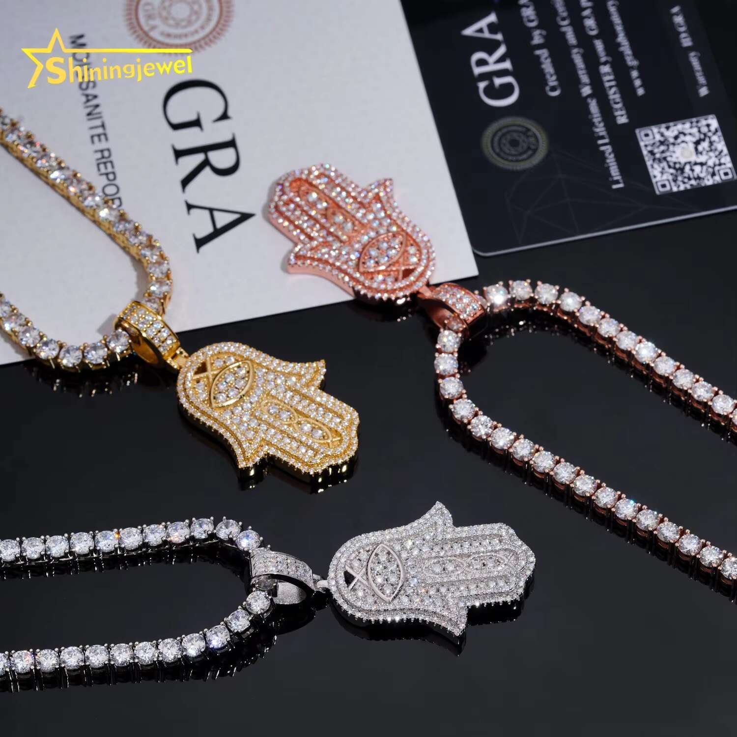 Factory Price RTS 925 Sterling Silver Gold Plating Hip Hop Jewelry VVS Diamond Necklace Moissanite Iced Out Hamsa Pendant