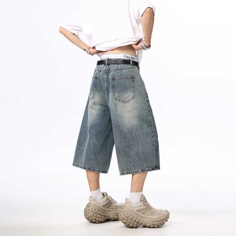 Summer New Mens Oversized Wide Shorts Lightning Cracked Y2k Baggy Jeans Washed Strtwear Fashion Loose Calf-length Denim PantsC250528