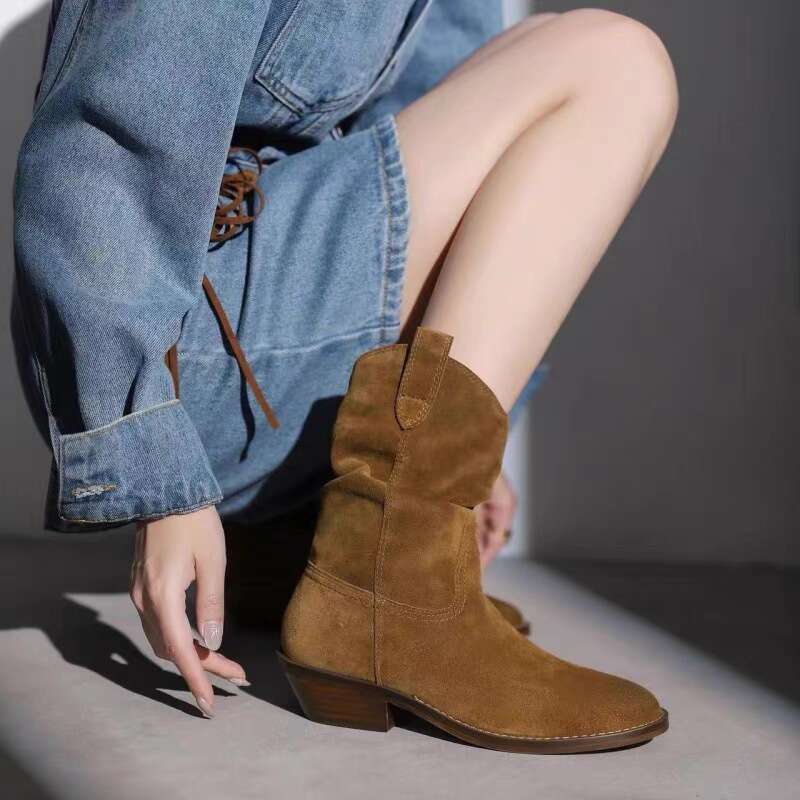 Niche Western Cowboy Mid-Calf Wrinkled Slouch Women 2024 New Autumn Winter Thick Heel Short Boots