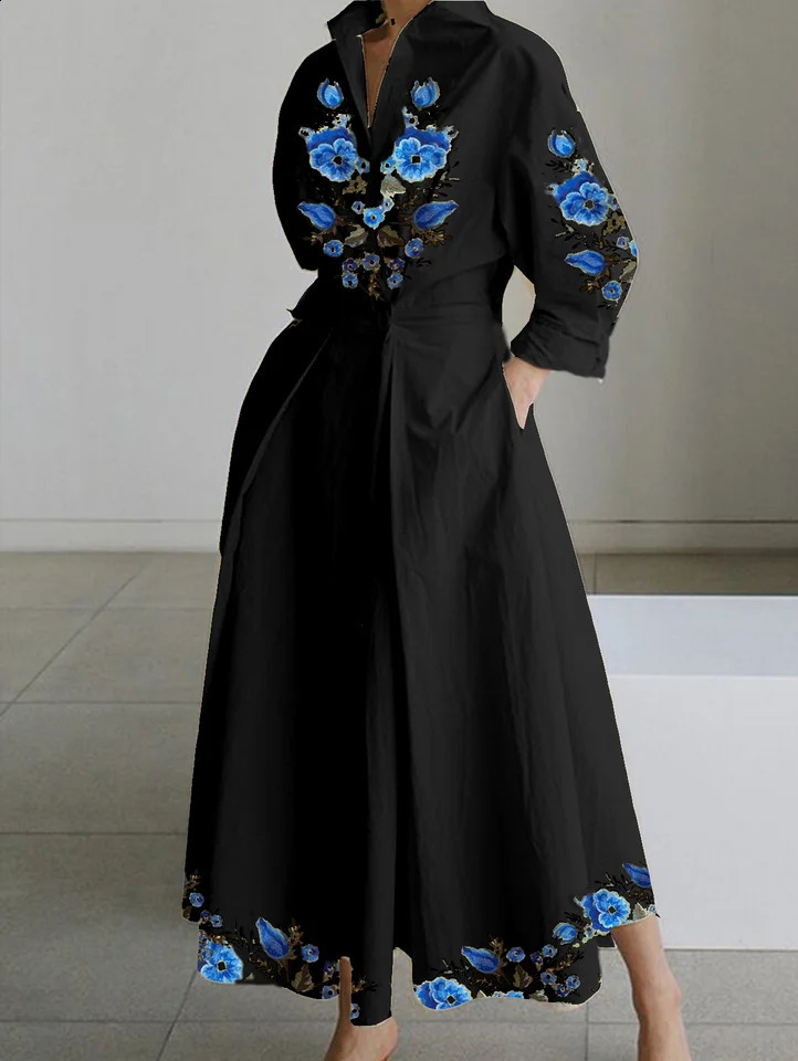 PLUS SIZE Floral Printed Shirt Dress Turn Down Collar ALine Casual Plus Size 34 Sleeve Fashion Retro Streetwear Dresses 250517