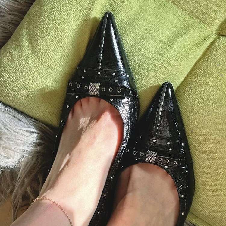 Genuine Leather French Rivet Bow Pointed Toe Shallow Mouth Stiletto Women 2025 New Spring Summer Elegant High Heels