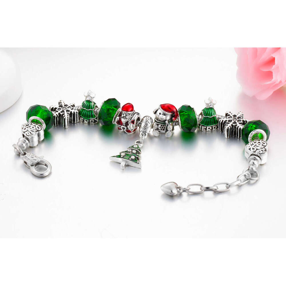 Trendy Sier-Plated Alloy Electroplated Oil-Drip Christmas Tree Bear Bracelet Bead String