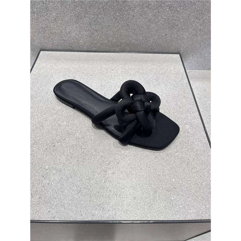 Genuine Leather Style Red Chinese Knot Flat Casual One-Word Slippers for Women Outdoor 2025 New Square Toe Sandals
