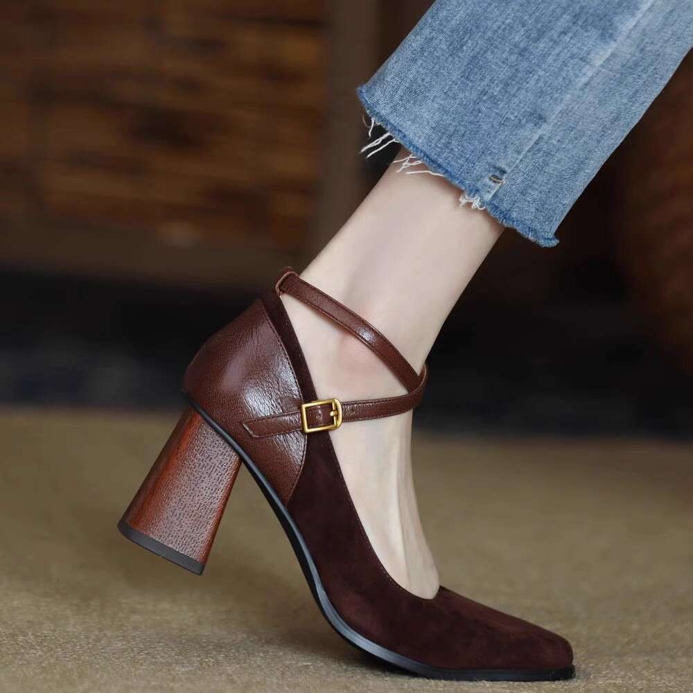 Chengdu Style ~ Genuine Leather Suede Patchwork Square Toe Cross Strap Single Shoes for Women Spring Chunky High Heels