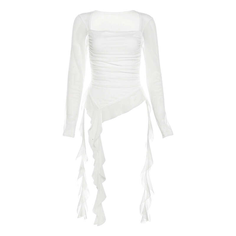 Autumn New Women's Fashion Sexy Square Neck Sheer Slim Fit Top With Ruffle Irregular T-Shirt B5