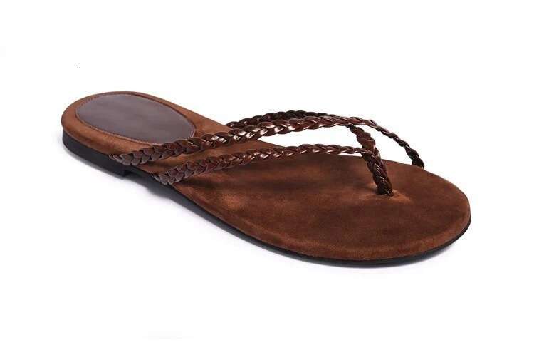 Sheepskin Version ~ Loose Fit Woven Strap Round Toe Post Sandals for Women Outdoor 2025 Summer Beach Slippers