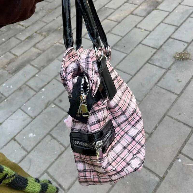 MBTI Pink Womens Shoulder Plaid Canvas Y2k Original Punk Fashion Tote Bag Aesthetic Literary Rivets Large Capacity Handbag