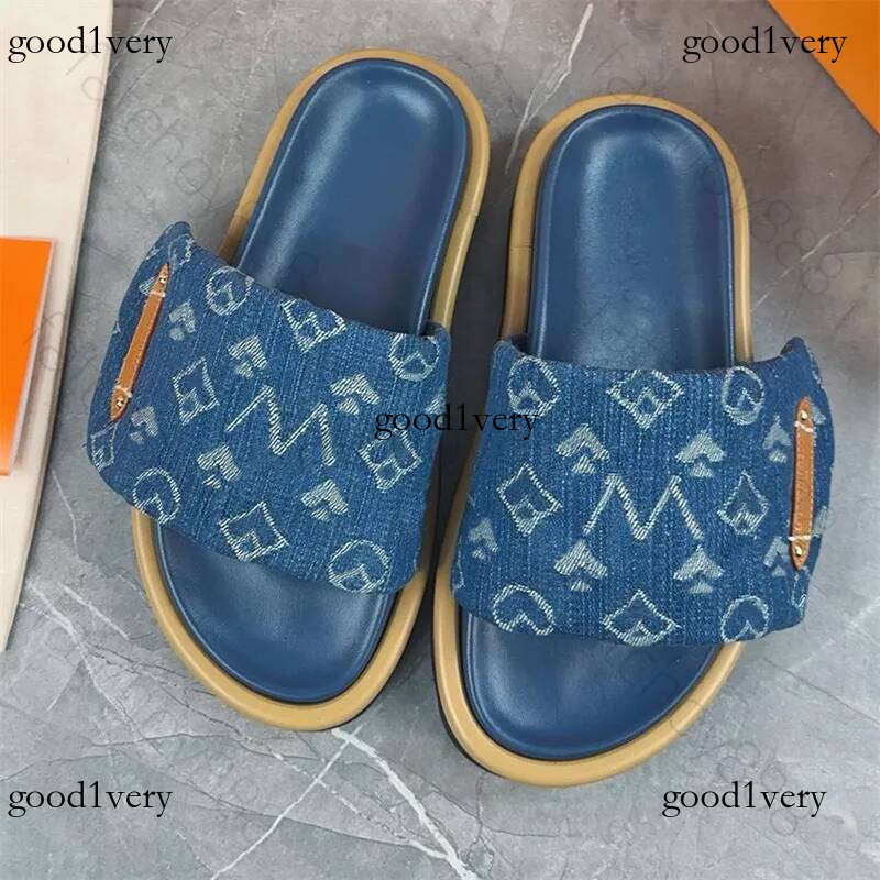 2025 Designer Slippers Slides Pool Pillow Men Sandals Women Platform Slipper Classic Brand Summer Beach Scuffs Flat Comfort Mule Denim Emed Slide Soft Sandal 35-45