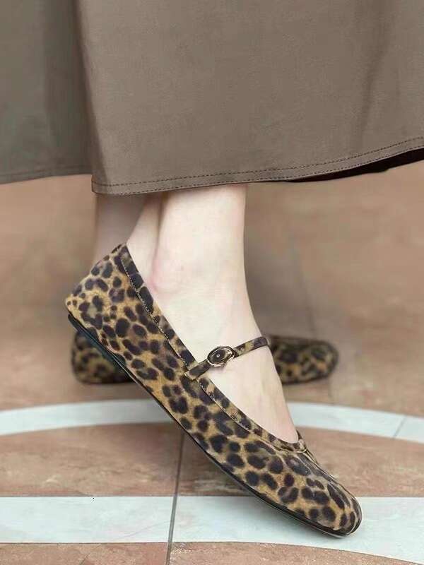 Genuine Leather Shallow Mouth Round Toe One-Strap Mary Jane Leopard Print Single for Women Summer Autumn New Ballet Flat Shoes