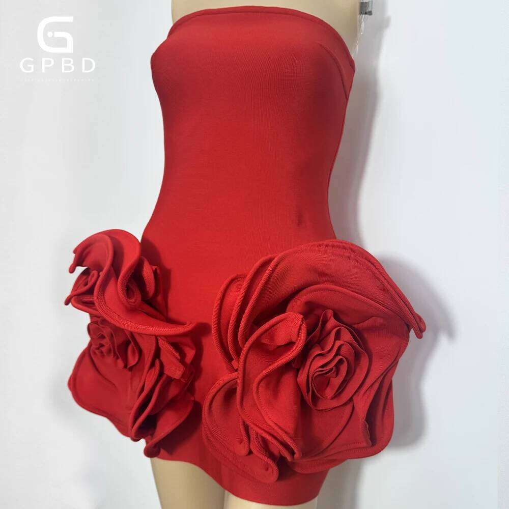 GPBD New Women's Sexy Strapless Handmade Three-Dimensional Big Flower Tight Mini Bandage Elegant Holiday Party Dress