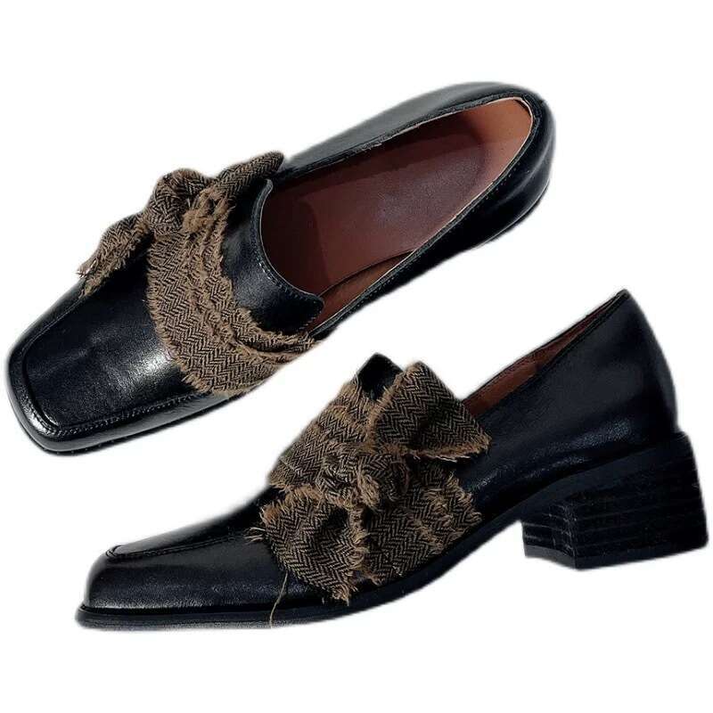 Genuine Artistic Style Square Toe Chunky Heel Loafers for Women 2025 Spring New Bowknot Small Leather Single Shoes
