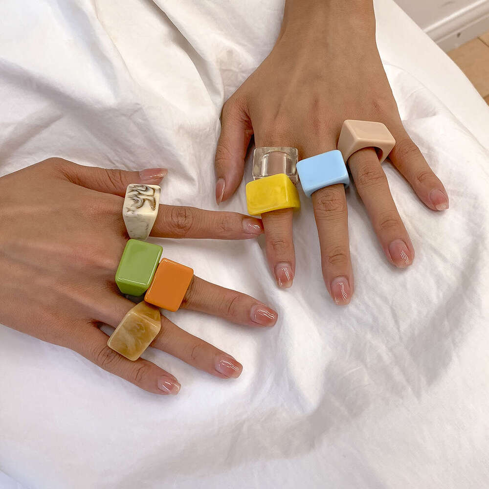 Creative Geometric Square Wide Edge Simple Fashion Colorful Resin Plain Band Ring