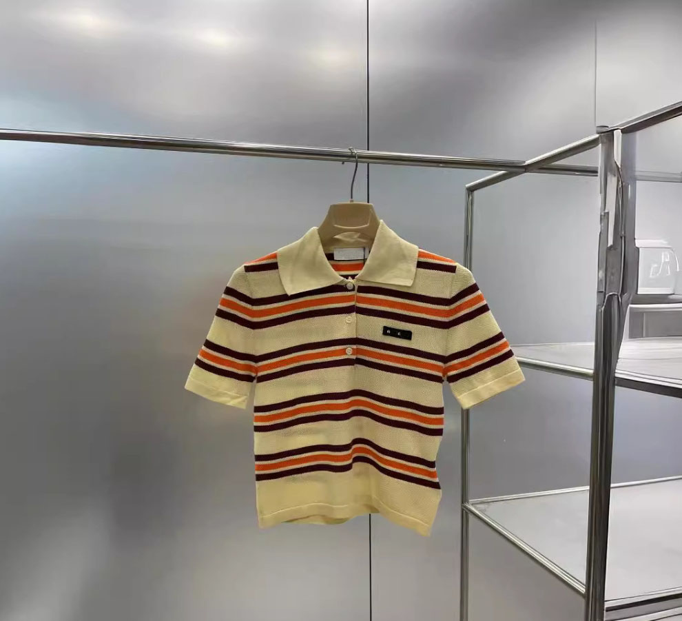 Summer Trandy Tshirt Contrast Striped Women's Lapel Short Sleeved T-shirt Casual Loose Slimming knitted Polo Shirt