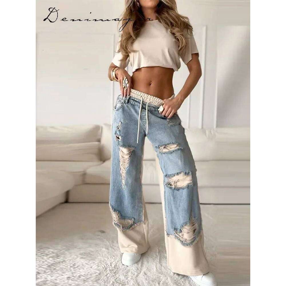 Casual Patchwork Jeans Women Loose Drawstring Low Waist Pockets Zipper Straight Leg Pants 2025 Spring Summer Street Lady Trouser