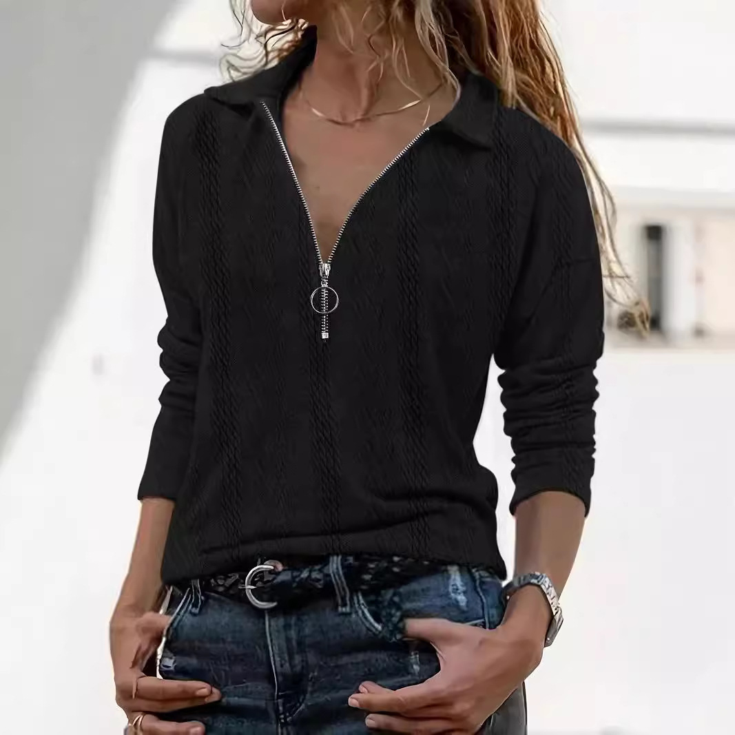 Designer Clothing Zipper Collar New Women's Polo Shirt Top Solid Color Texture Long Sleeved 2025 New Fashion Shirt Designer