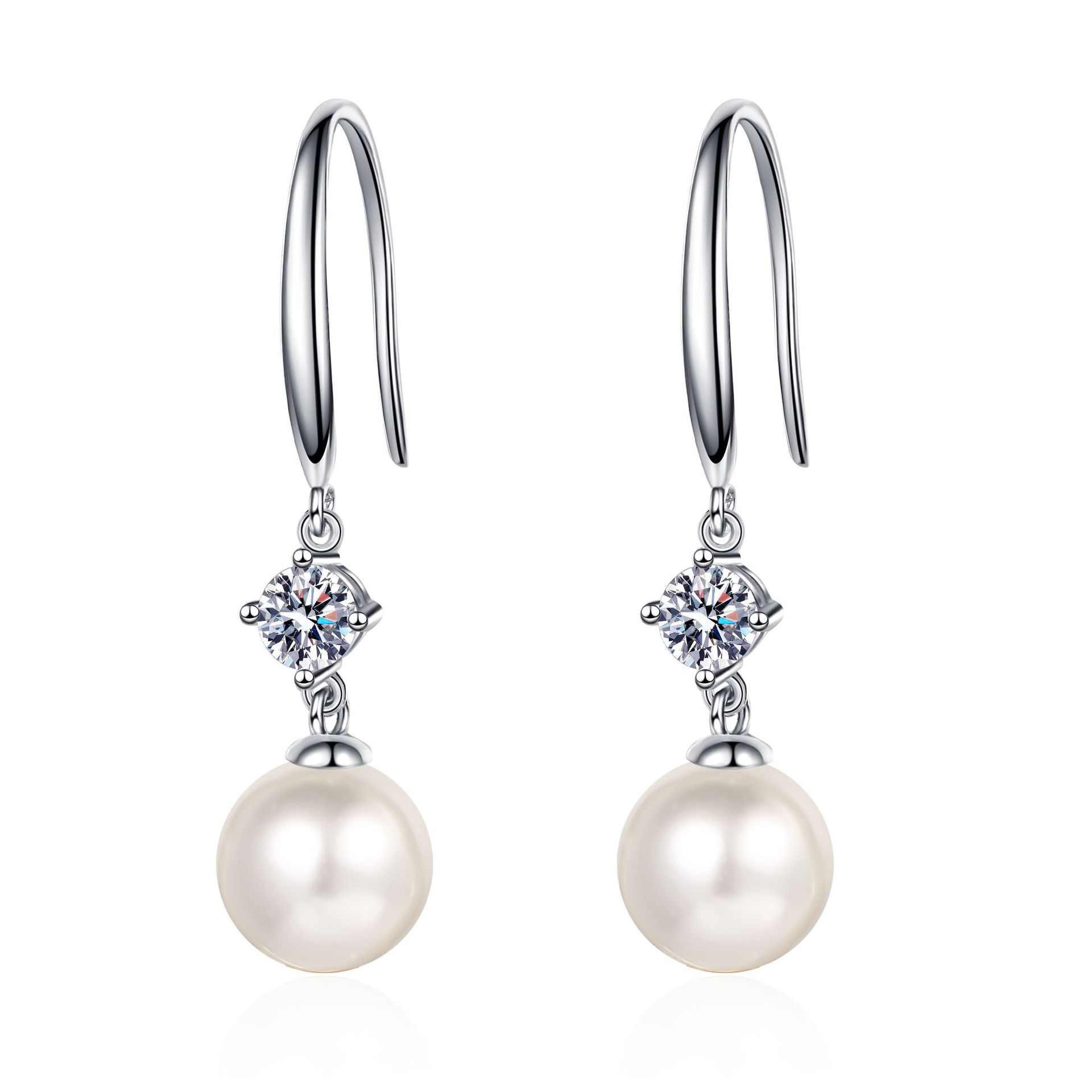 925 Sterling Silver Earrings for Women, 8mm Freshwater Pearl Hooks, Four-Prong 30-Point Moissanite Earrings, Fashionable Chic High-End Jewelry