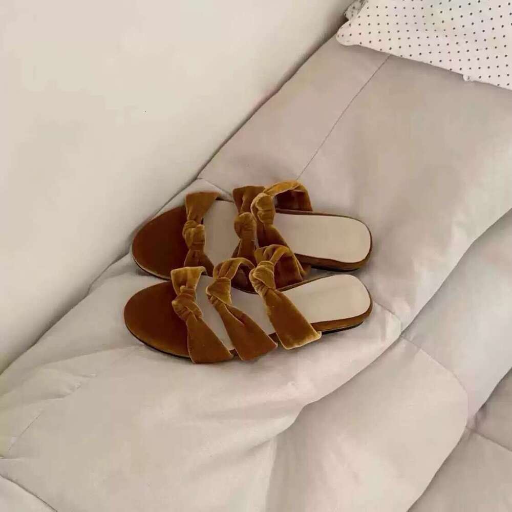 Sheepskin Version ~ Korean Style Velvet Flat One-Strap Knotted Open-Toe Sandals for Women Outdoor 2025 Summer Slippers