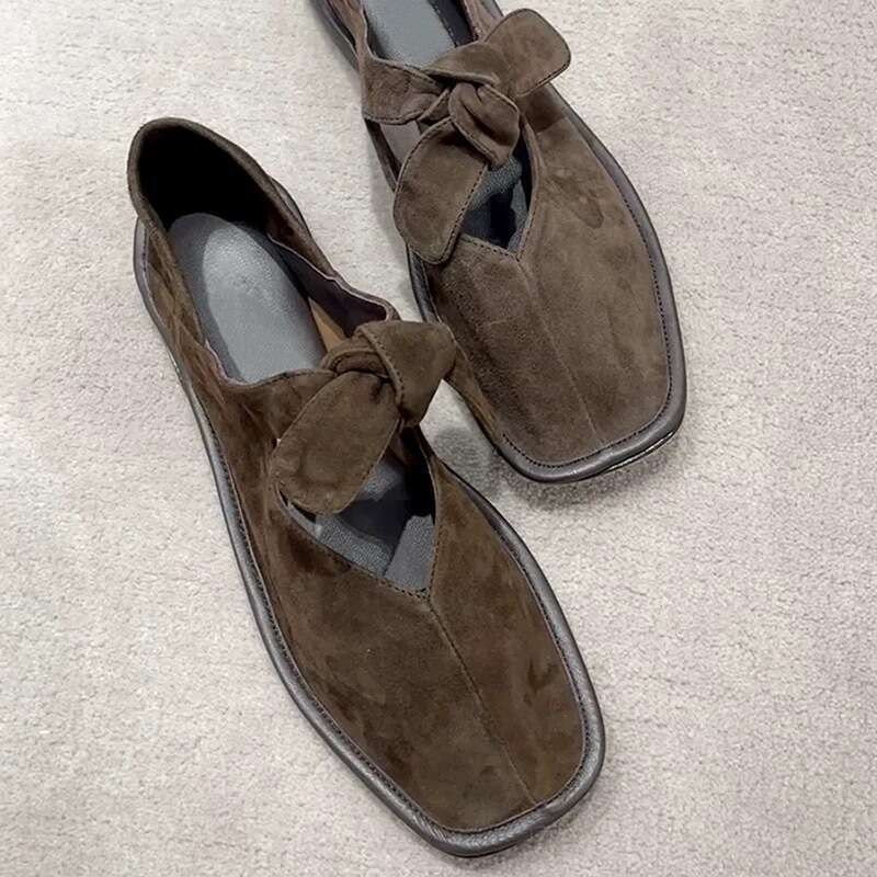 Genuine Leather Suede Niche Bowknot Step-On Two-Way Square Toe Single for Women Spring and Autumn Mary Jane Ballet Flat Shoes