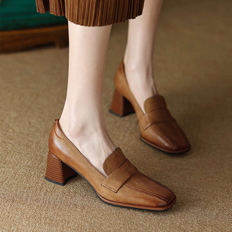 Chengdu Style ~ Genuine Leather Commuter Shoes for Women 2024 New Spring and Autumn Versatile Square Toe Chunky Heel High Heels