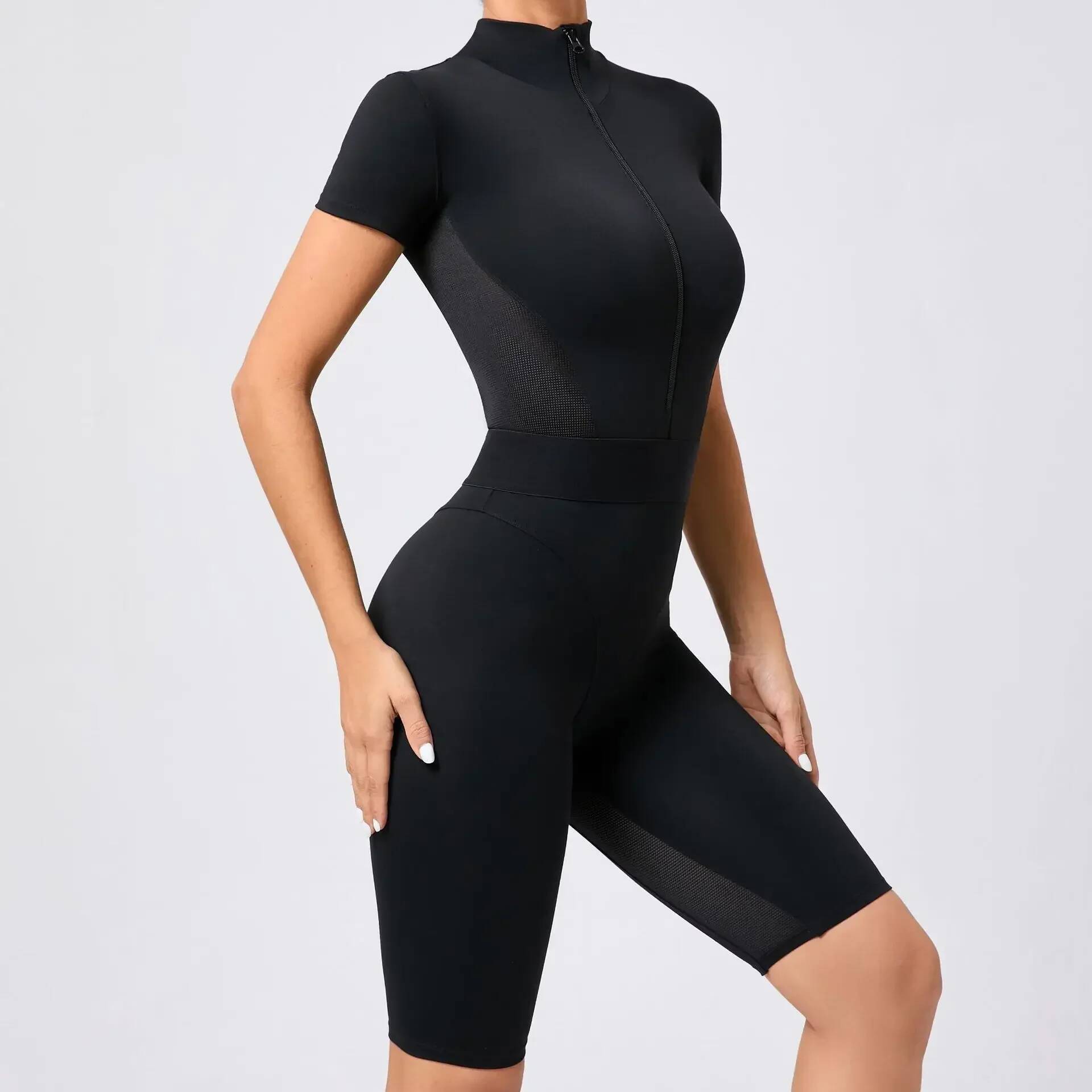 Seamless Jumpsuits Sports Fiess Hip-lifting Tights Short Sleeve Zipper Yoga Workout Gym Leggings Sportswear for Women