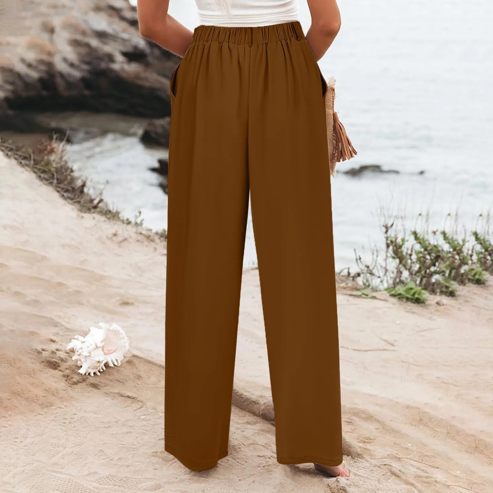 Women Elastic Waist Wide Leg Pants Casual Loose Cotton Linen Pants With Pockets Streetwear Business Casual Straight Trousers 250529Z