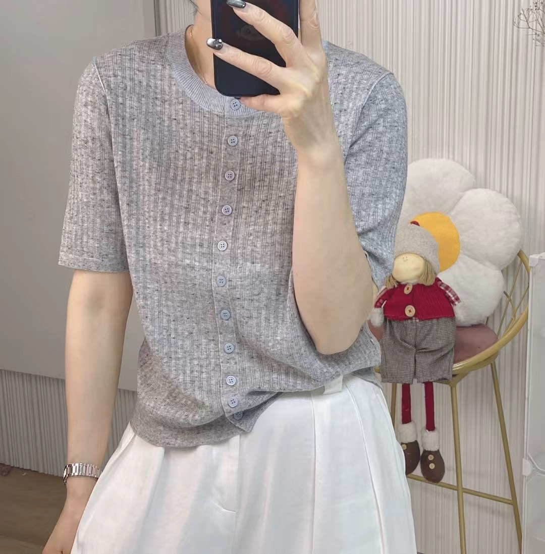 Summer thin women's T-shirt color collision round neck single-breasted fine pit leisure short-sleeved knit shirt