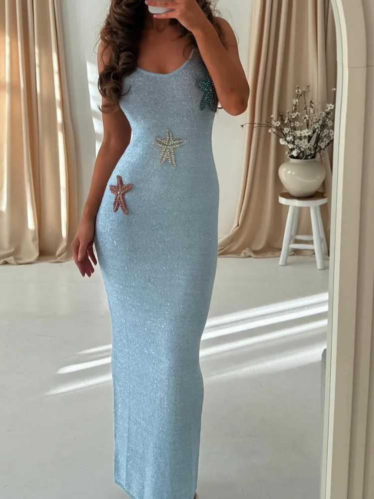 Star Pattern Knitted Sequins Long Dress Women Sleeveless O-neck Solid 2025 Summer Fashion Slim Dresses Vacation Party Vestidos XJ250529