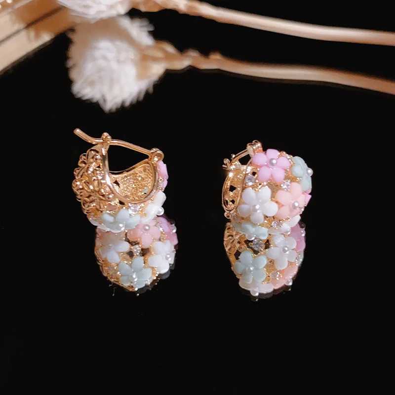 Fashionable Zircon Pearl Flower Basket Ear Buckle Sweet Pink Rhinestone Petal Flower Earrings Wedding Party Jewelry Girls Gifts L250527