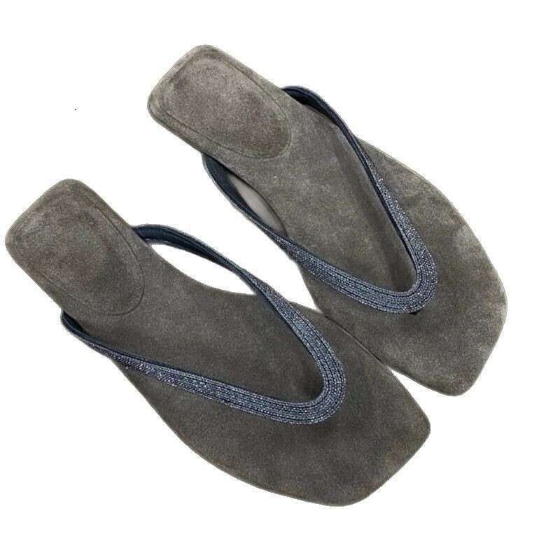Sheepskin Version ~ French Style Clip Rhinestone Flip-Flops for Women Outdoor Wear 2025 Summer Beach Square Toe Flat Sandals