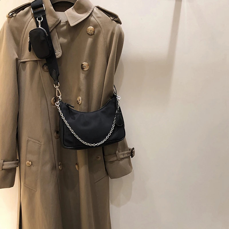 Casual Nylon Waterproof Women Shoulder Hobo Bags Fashion Cool Black Chain Decolr Armpit Crossbody With Small Purse 250523