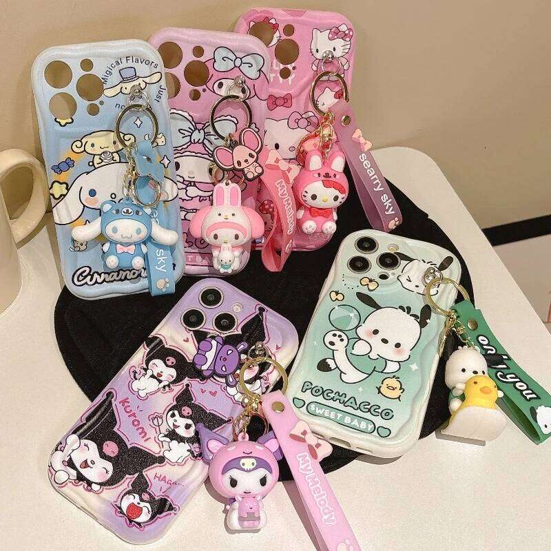 3D Cartoon Kuromi Wavy Phone Case For iPhone 16 15 14 Pro 13 12 11 X Xr Xs Max 7 8 Plus SE Cute Melody With Wrist Strap Cover