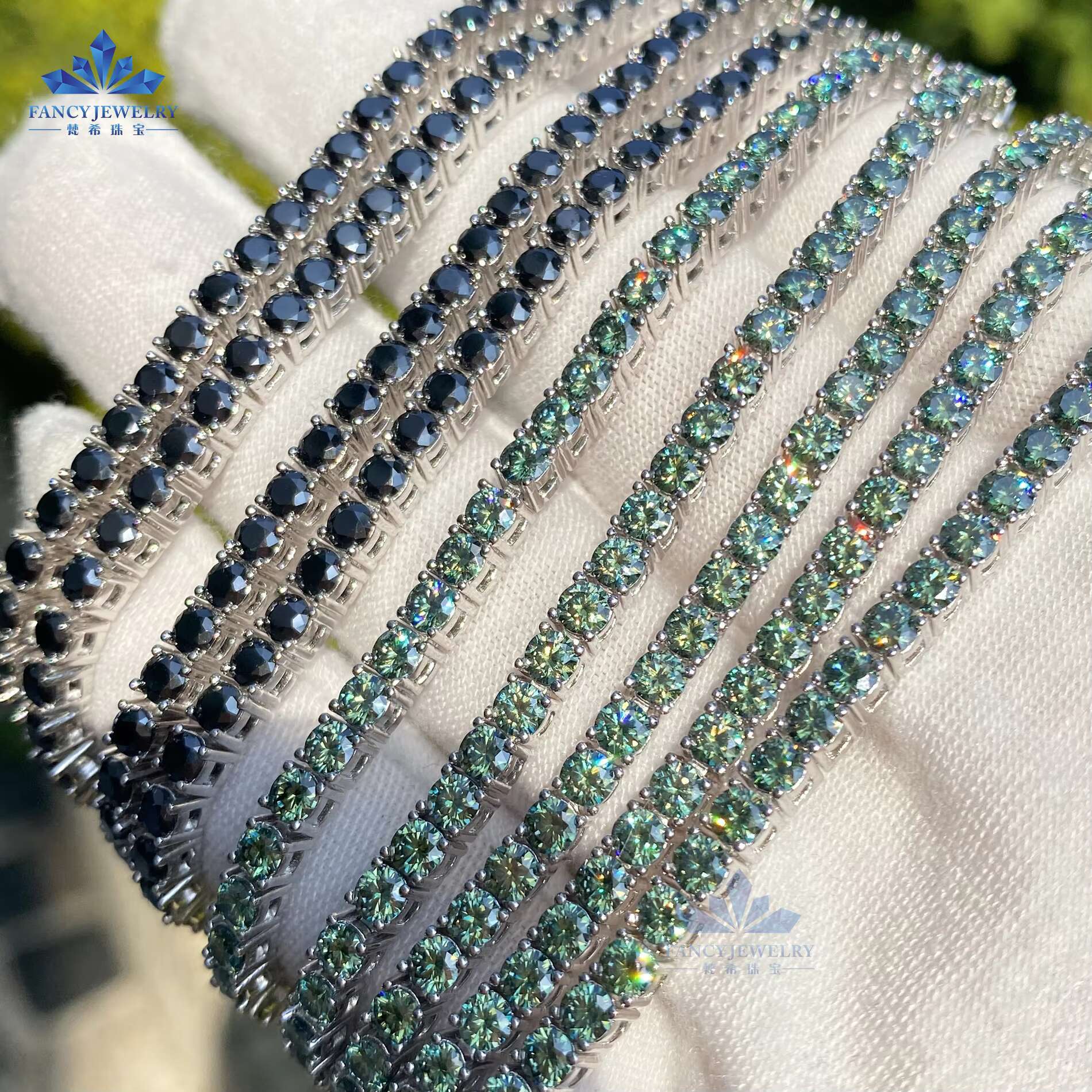 Dropshipping 3mm 4mm 5mm 925 Sterling Silver VVS Moissanite Diamond Cluster Tennis Chain Black Green Moissanite Tennis Bracelets