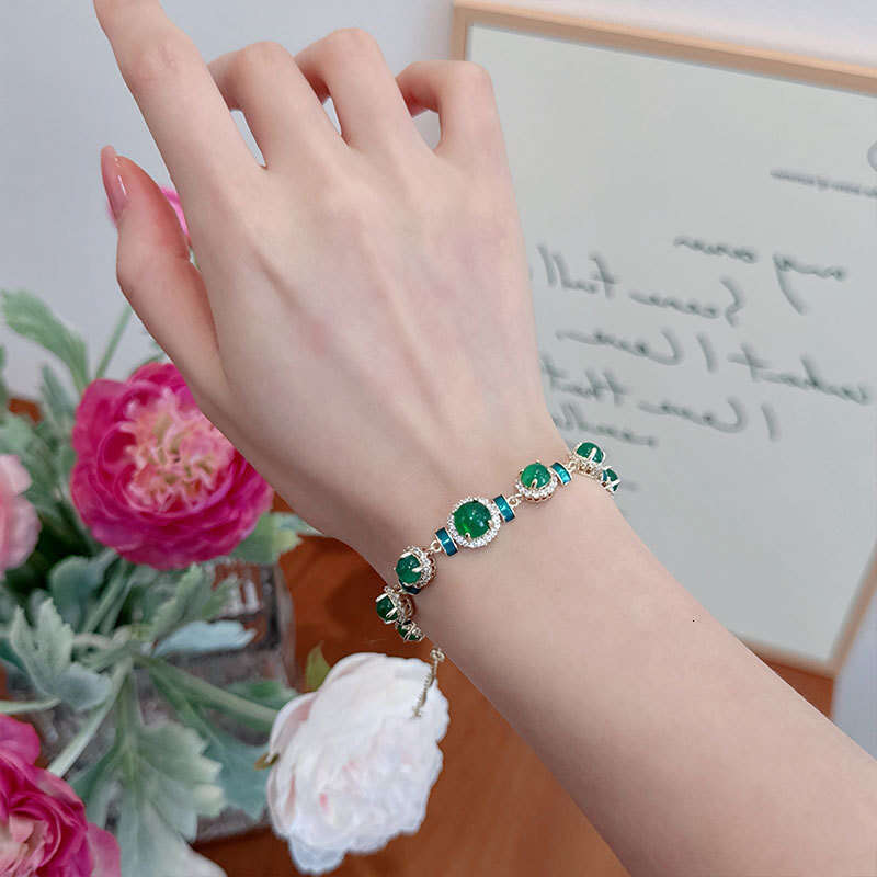 National Trend New Chinese Style Elegant Inlaid with Green Chalcedony Luxurious Zircon Agate High-end Round Bead Bracelet