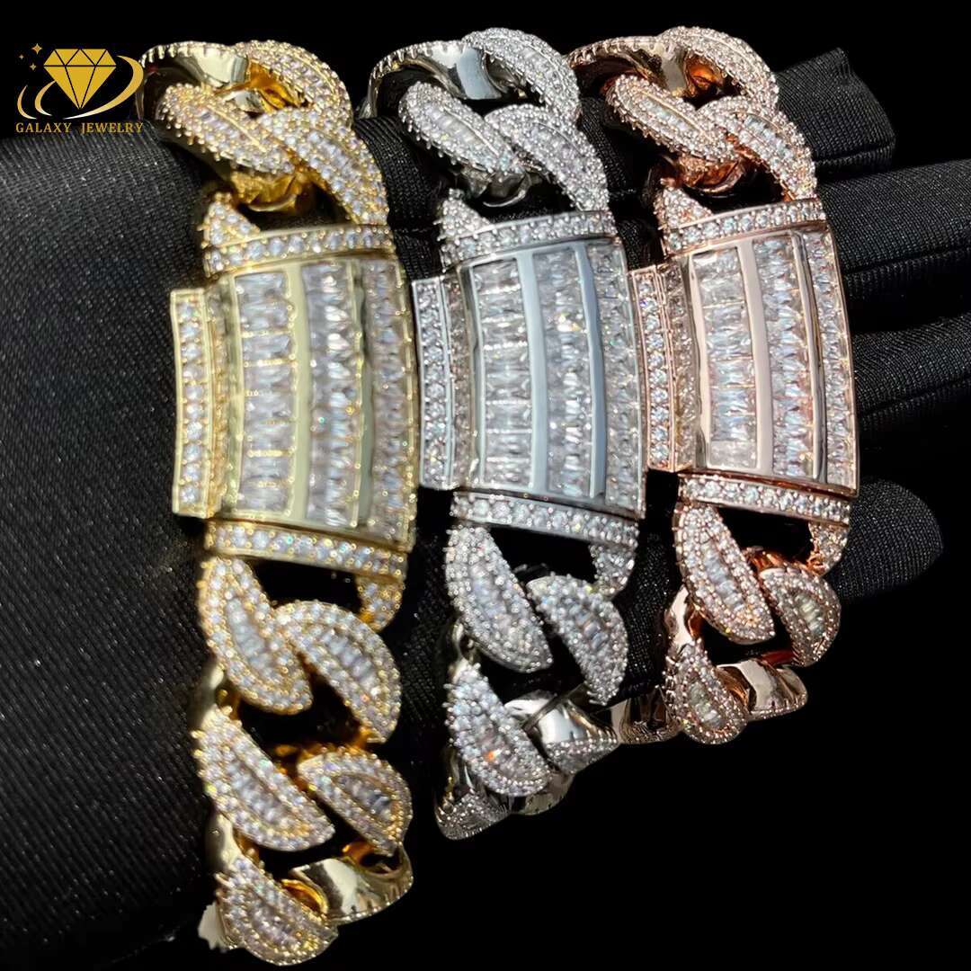 Luxury Hip Hop Chain Cuban Necklace Bling Moissanite Baguette Cuban 925 Silver Gold Plating Iced Out Miami Cuban Link Chain