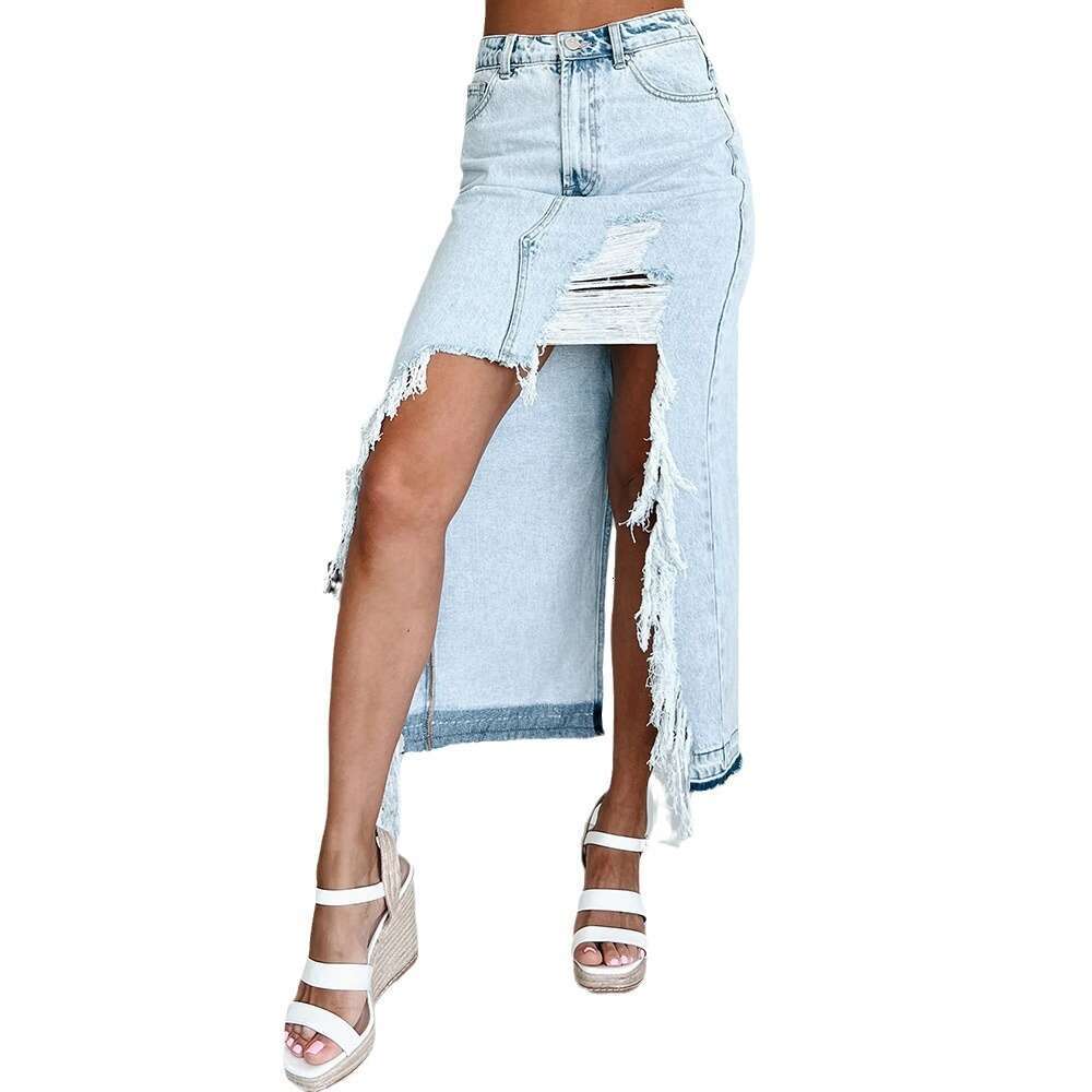 Summer High Waist Irregular Frayed Distressed Washed Denim Split Bodycon Skirt B5