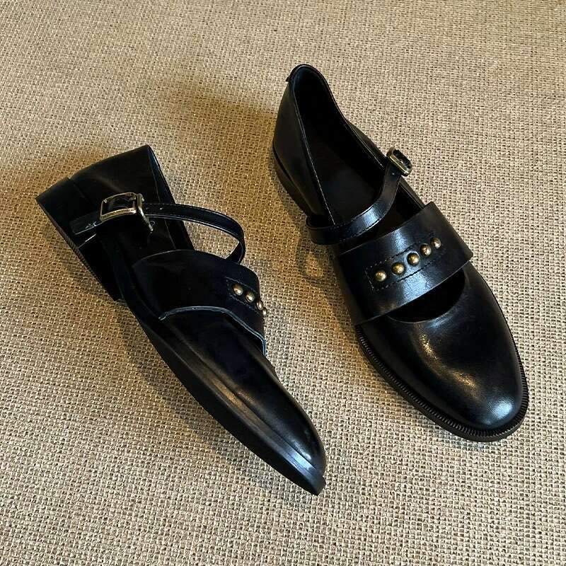Genuine Leather British Style Studded Hollow Loafers Women 2025 Spring Chunky Heel Mary Jane Shoes