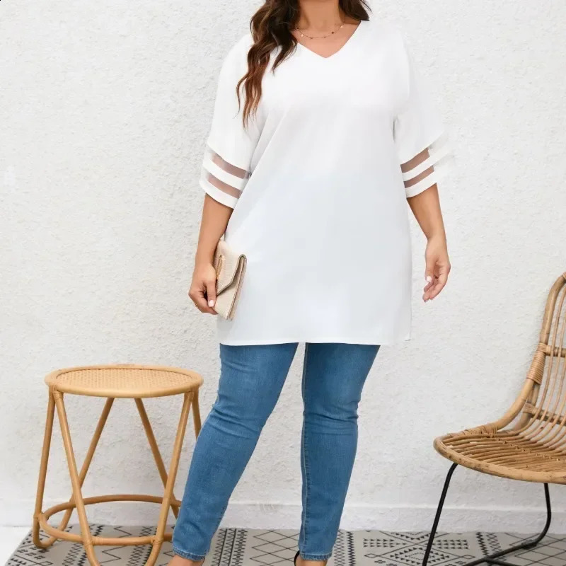 Plus Size1XL5XL Women Summer Loose VNeck Ladies Mesh Stitching 34 Sleeve Casual Holiday Blouse Tunic Shirts Tops 250519