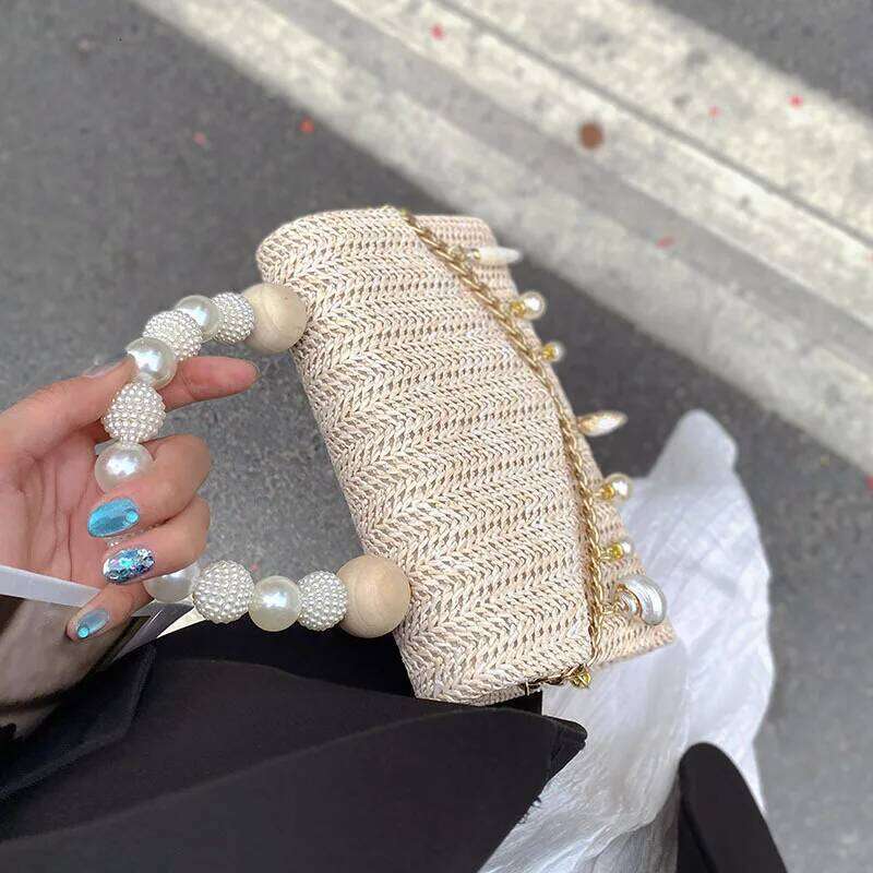 Women's Bags Designer Fashion Pearl Handle Handbags Shell Conch Chains Straw Bags For Women Summer Travel Woven Beach Shoulder Crossbody Bag