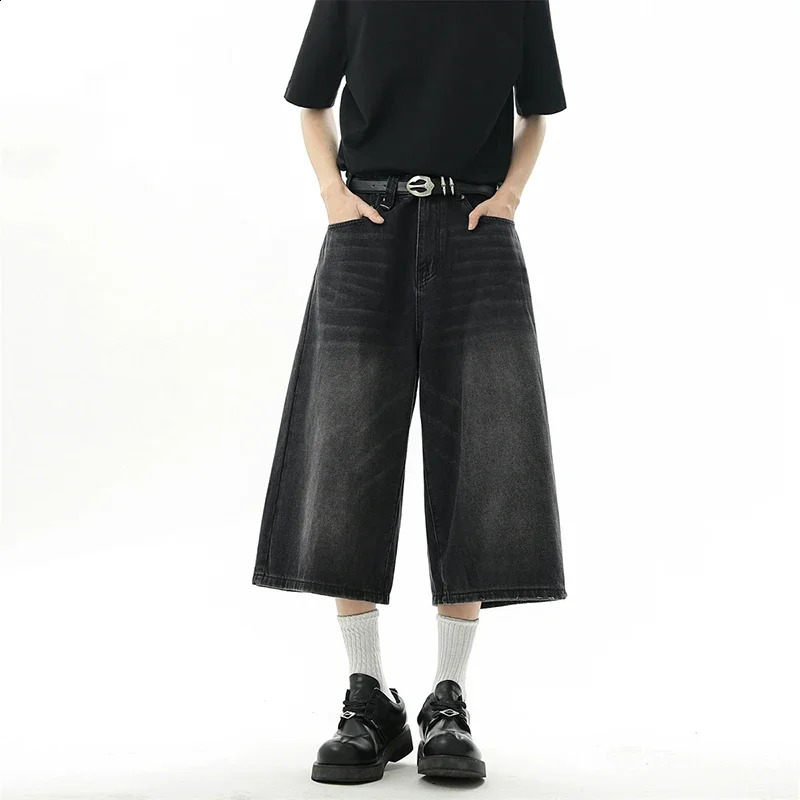 Mens Baggy Denim Shorts Summer Jorts Fashion Retro Casual Loose Wide-leg Calf-length Jeans Y2K Streetwear Korean Style 250527