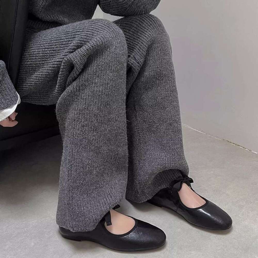 Genuine Leather Round Toe Shallow Mouth Lace-up Ballet Flats for Women 2025 Spring Summer New Leopard Print Flat Mary Jane Shoes