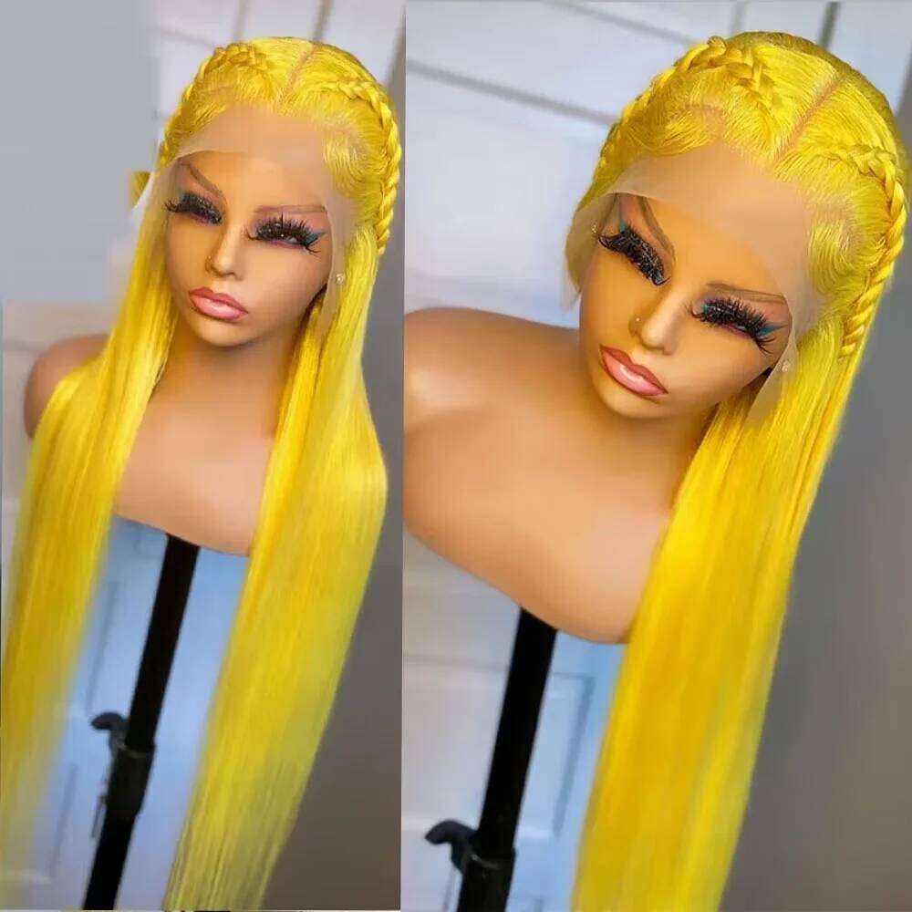 300 Density 13x6 HD Front Lemon Yellow Colored 40Inch Straight Lace Frontal Wig PrePlucked Human Hair Wigs