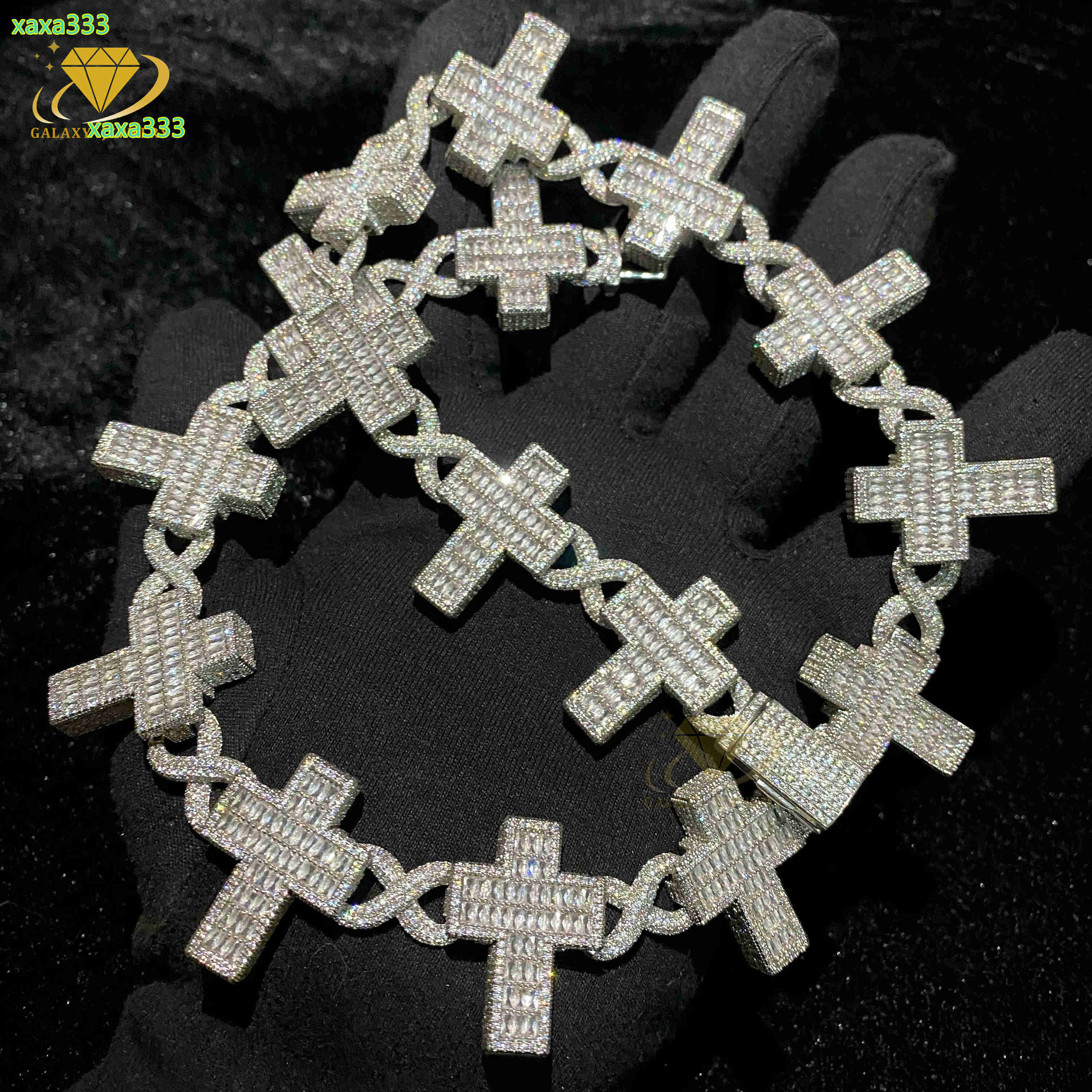 Pass Diamond Tester Moissanite Jewelry 15mm Hip Hop Mens Bracelet Iced Out Baguette Cross Infinity Cuban Link Chain Necklace