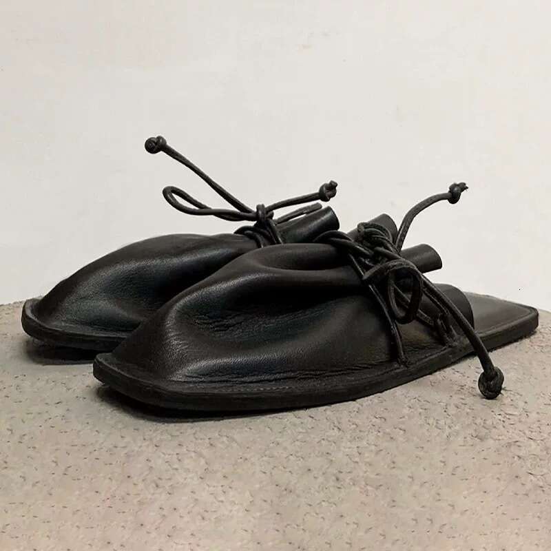 Genuine Leather Niche Square Closed Toe Half Slippers for Women Outdoor 2025 Spring Summer Fashion Lace-up Flat Sandals