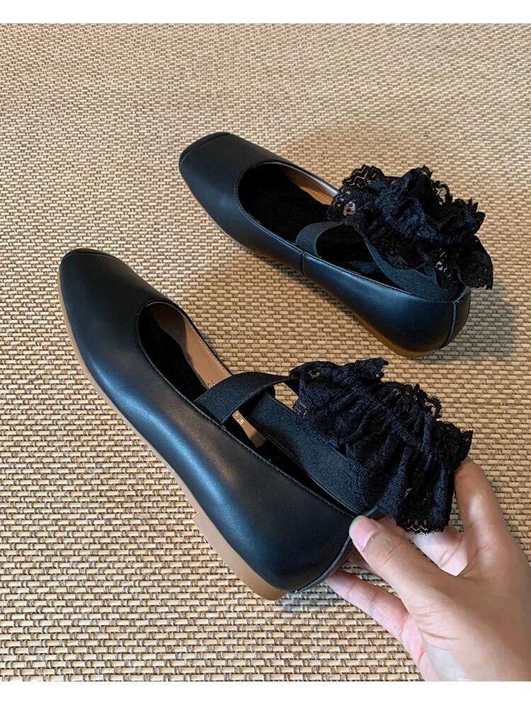 Genuine Leather Korean Style Square Toe Cross Strap Flat Ballet Women Spring Autumn New Versatile Mary Jane Shoes