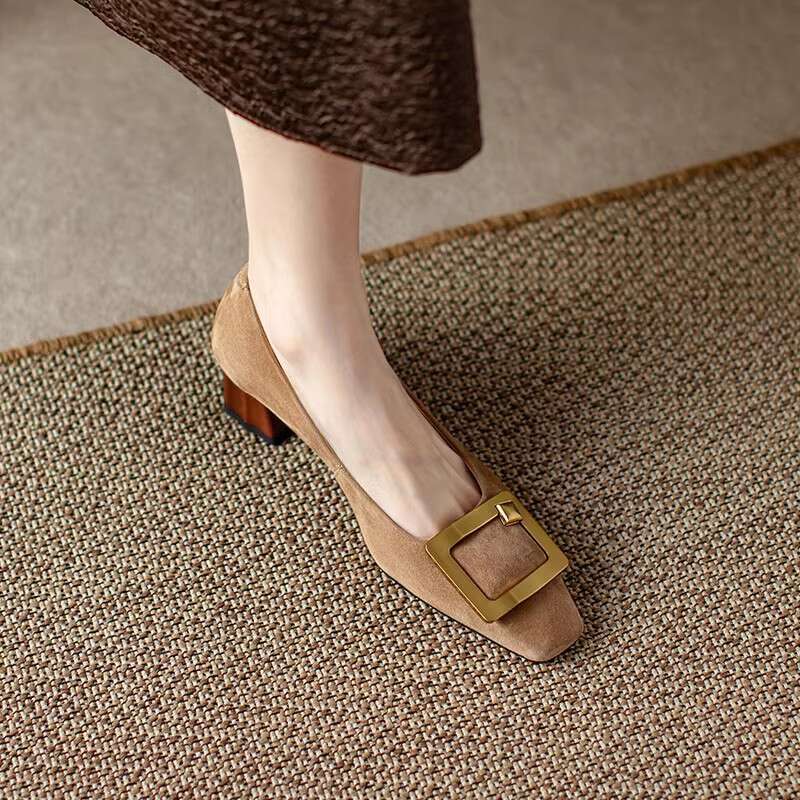 Chengdu Style ~ Square Toe Metal Suede Shallow Mouth Single Shoes for Women Spring New Elegant Versatile Chunky Heel Loafers