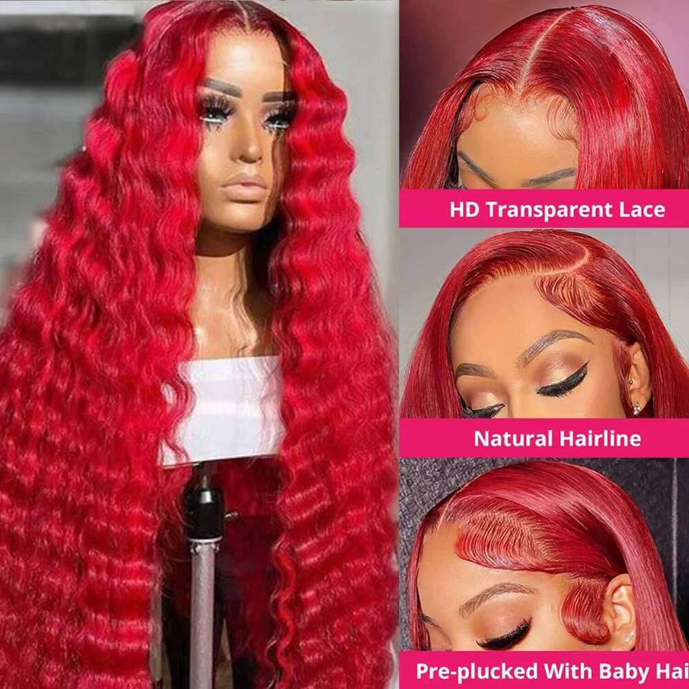 210% Density Deep Wave Front Human Hair 13x6 Red Transparent Lace Wigs For Women