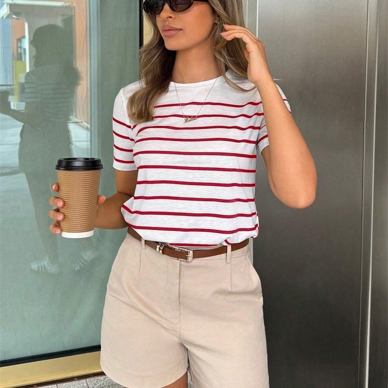 Womens Striped Casual Versatile TShirt Graphic Tees Round Neck Loose Classic Short Sleeve Vacation Entertainment Top 250514